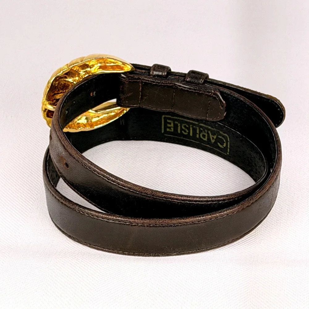Vintage Carlisle Brown Leather Belt Gold Tone Textured 80s Sculptural Glam Chic